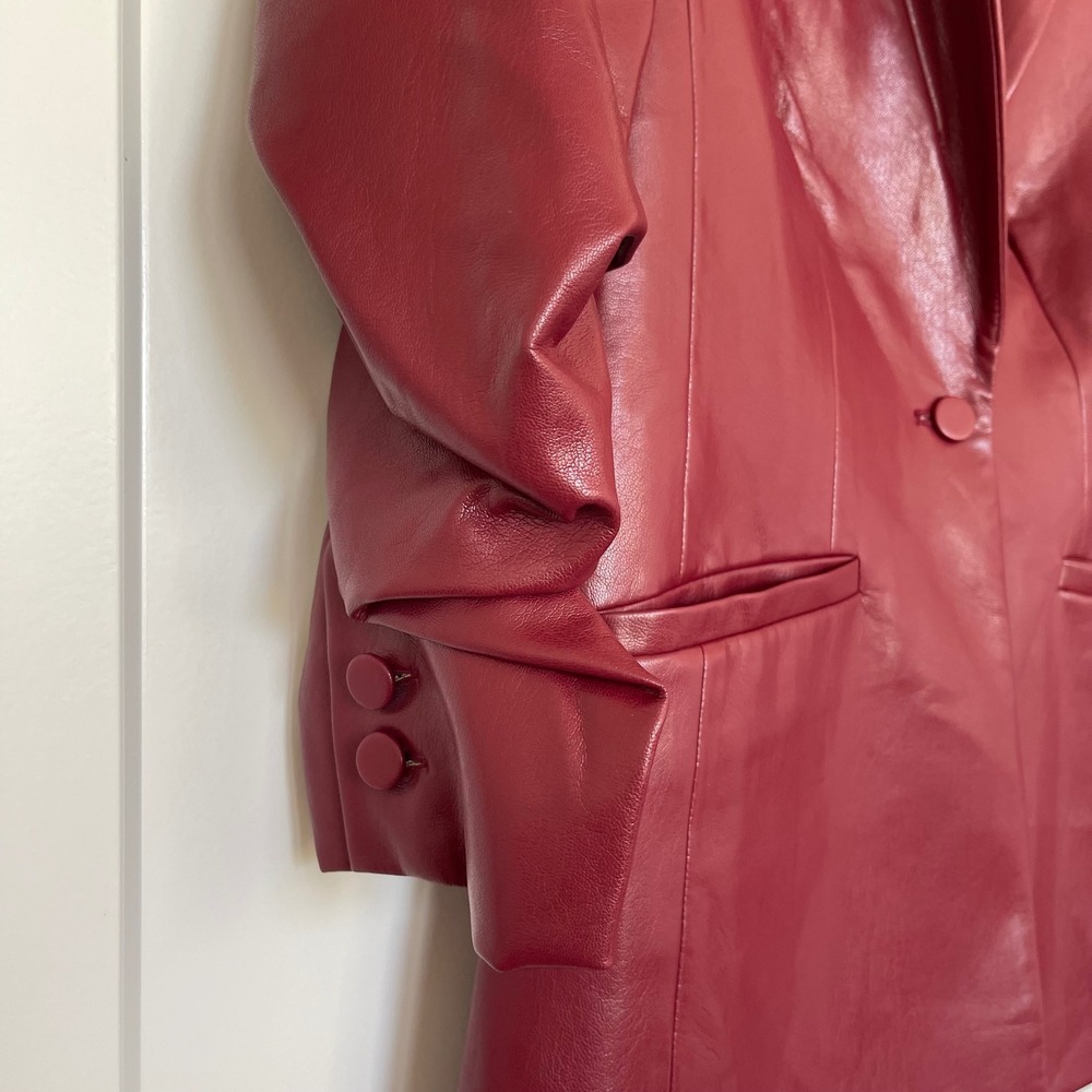 NWT Cinq a Sept Kylie Vegan Leather Jacket Sz 0 Rhubarb Red Ruched Sleeve Blazer - Picture 10 of 16